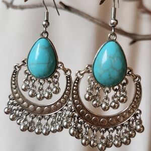 Boho Turquoise and Silver Chandelier Earrings Gypsy  Dangle Festival Earrings